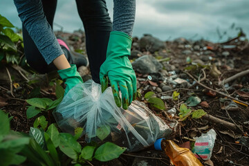 Naklejka premium renewable energy light bulb with green energy, Earth Day or environment protection Hands protect forests that grow on the ground and help save the world, solar panels 