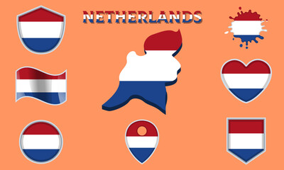 Collection of flat national flags of Netherlands with map