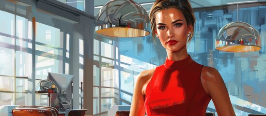 Powerful Woman in Red Dress Working at Sleek Office with Modern Interior and Bold Lighting