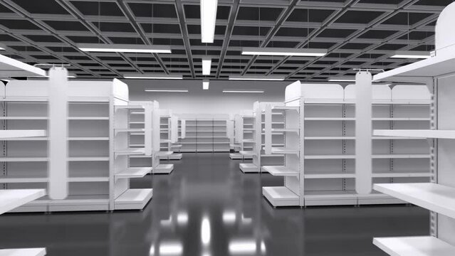 Quickly moving along the aisle between empty supermarket shelves. 3d animation