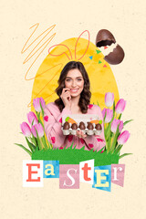 3d retro abstract creative artwork template collage of cute girl hold dozen chocolate eggs easter concept billboard comics zine minimal