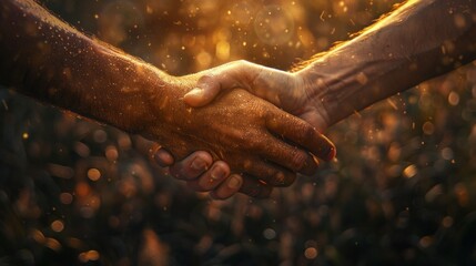 Harmonious handshakes. Illuminated by the golden hour's embrace - obrazy, fototapety, plakaty