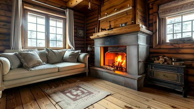 Living room with fireplace inside a cozy old log cabin. seamless looping 4k time-lapse video background