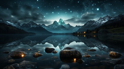 Beautiful scenery with surrounding mountains and lake. at night
