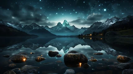 Poster Beautiful scenery with surrounding mountains and lake. at night © จิดาภา มีรีวี
