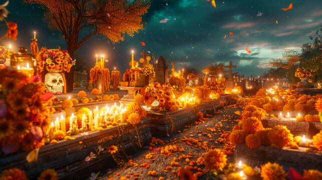 A colorful cemetery adorned with marigolds and candles during Dia de los Muertos celebrations at twilight.