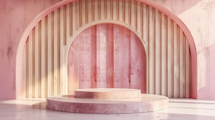 Minimalist Stage Design with Pink Arched Wall and Layered Podium for Product Display
