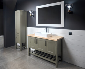 Wooden countertop bathroom with ceramic tiled wall stoneware tiled floor. Gray rustic flat loft...