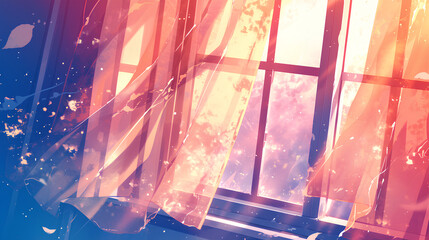 curtains on the window blowing in the wind, sunlight coming in illustration