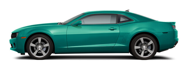 Modern powerful american muscle car in blue green color. Side view on a transparent background, in PNG format.