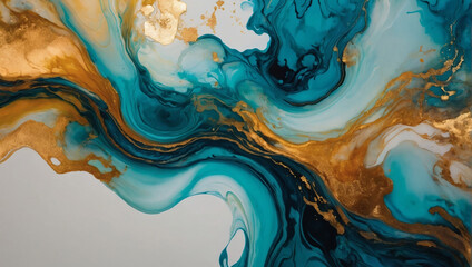 Abstract fluid art painting in alcohol ink, blending delicate hues to form transparent waves and golden swirls, evoking a sense of tranquil luxury.