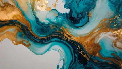 Fototapeten Abstract fluid art painting in alcohol ink, blending delicate hues to form transparent waves and golden swirls, evoking a sense of tranquil luxury. © xKas