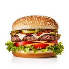 beef cheeseburger with lettuce tomato and pickles isolatod on white background made with generative ai. 