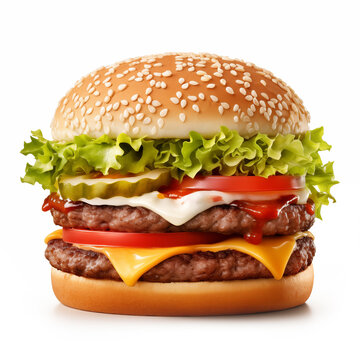 double cheese burger with 2 kinds of cheese lettuce tomato and pickles isolatod on white background. generative ai. 