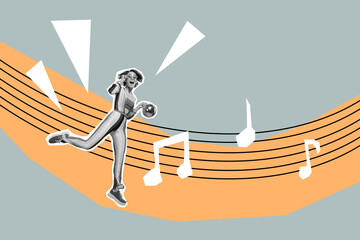 Composite collage picture image of funny female listen music have fun dancing enjoy discotheque...