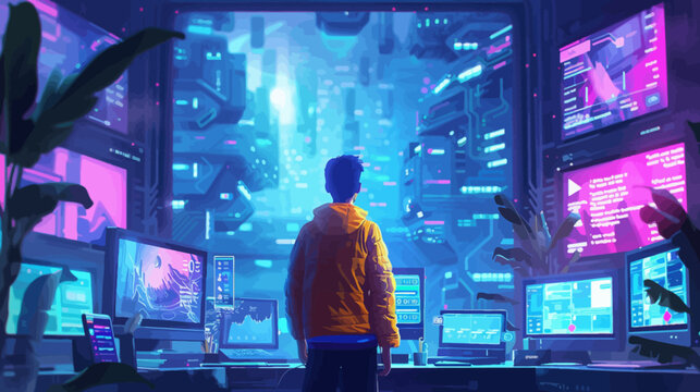 Back view Person with computer and holographic room futuristic illustration