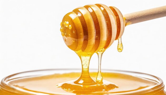 Natural honey dripping from dipper on white background. high quality photo