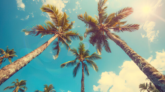 Tropical summer vacation background with palm trees and a blue sky