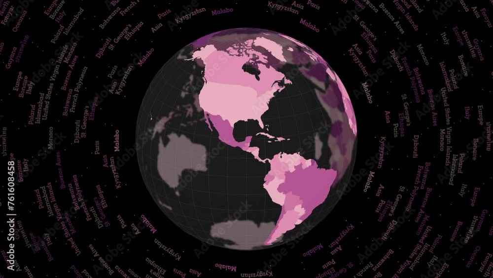 Poster rotating globe. dark translucent globe with round geographical names text. amazing spinning planet. 