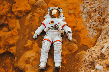 The astronaut is lying on a red rocky surface. concept of travel to mars