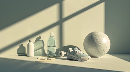 a dumbbell, exercise ball, water bottle, and sneaker arranged on a light background, with the motivating Start Diet note prominently displayed.