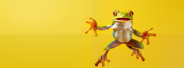 An Amazonian tree frog leaps high into the air, captured in vibrant action against a yellow background, showcasing its agile motion