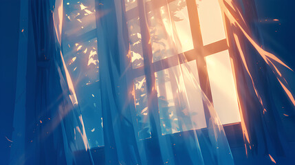 curtains on the window blowing in the wind, sunlight coming in illustration - obrazy, fototapety, plakaty