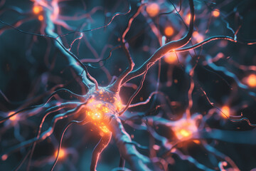 Close-up of a neural cell with glowing nodes, highlighting synaptic activity and neurotransmission within the brain's complex network