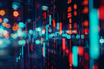 Stock market exchange candlestick chart graph closeup, macro, Day trading concept. Candle sticks on screen up close, technical analysis business abstract blur