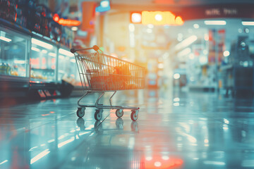 Shopping mall empty cart With the backdrop being a department store building. Concept is economic crisis