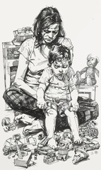 Mom and Child Playing Toy Sitting