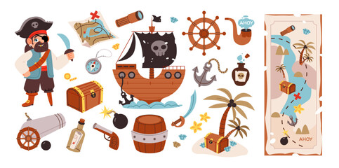 Pirate set with cute elements of sea adventures. Pirate, treasure, ship, island with palm trees and map. Flat vector illustration