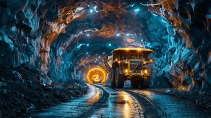 Underground mining with heavy machinery and workers