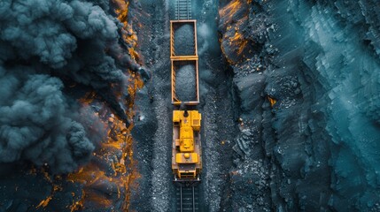 Drone view of a coal mining operation with machinery - obrazy, fototapety, plakaty