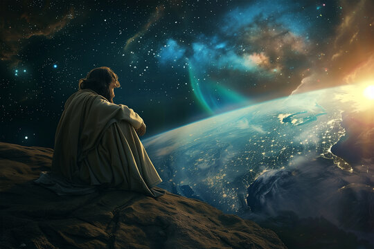 GOD looked at the earth from the cosmos. Religion concept.