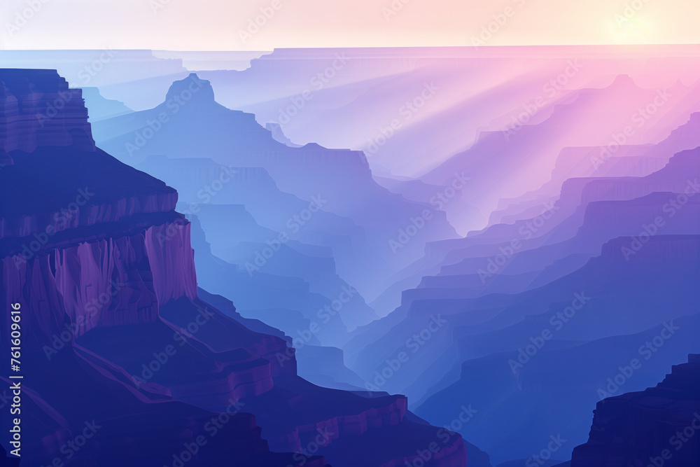 Poster misty canyon. surreal colorful landscape inspired by grand canyon. abstract colorful background imag