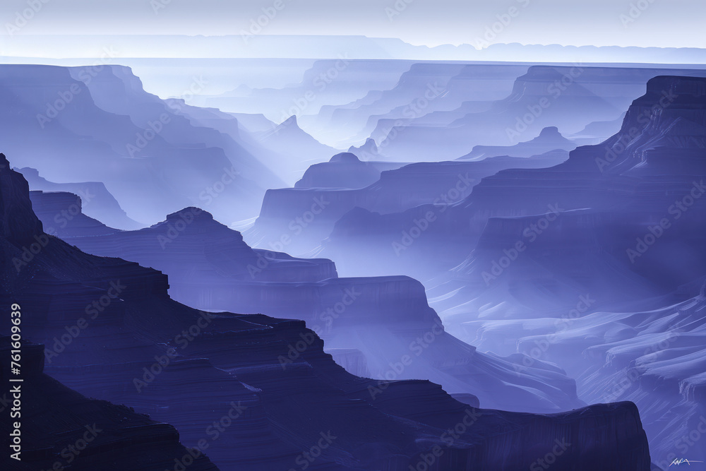 Poster misty canyon. surreal colorful landscape inspired by grand canyon. abstract colorful background imag