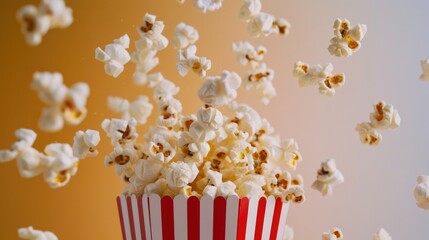 popcorn, a classic popcorn bucket with red and white stripes from which popcorn is jumping into the air, creating a kind of popcorn explosion. 