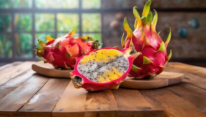 Pitayas or Dragon fruits over wooden table. high quality photo