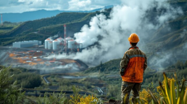 An engineer wearing a hard hat stands and looks at an industrial factory from a height.