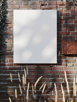 empty blank 3:4 aspect ratio canvas mockup hanging on a brick wall