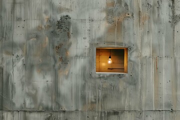 A single glowing bulb in a small window breaks the monotony of a stark concrete wall