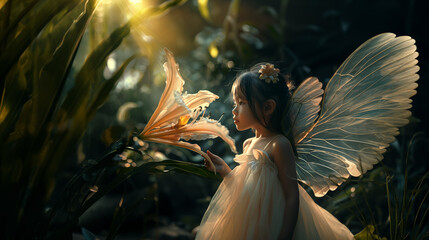 A child fairy admires a beautiful forest flower, captivated by its magical and enchanting allure amidst the woodland