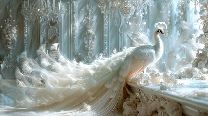 A majestic white peacock with a splendid tail displayed in an ornate, ice-blue palace room