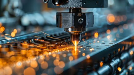 Precision machinery cutting metal with sparks flying,Industrial laser cutting technology in manufacturing - obrazy, fototapety, plakaty