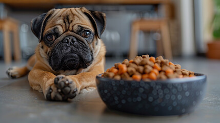 Portrait of a pug in a funny pose on a gray kitchen floor near a bowl of dog food - obrazy, fototapety, plakaty