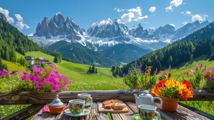 A large wooden cafe with a view of the mountains, colorful flowers and breakfast cups on the table....