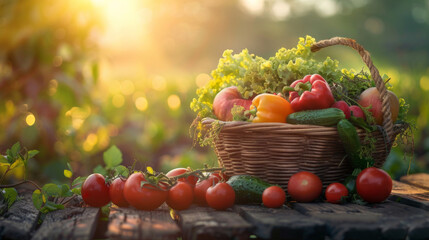A rustic basket filled with fresh vegetables on a wooden surface, basking in the warm golden sunlight.
