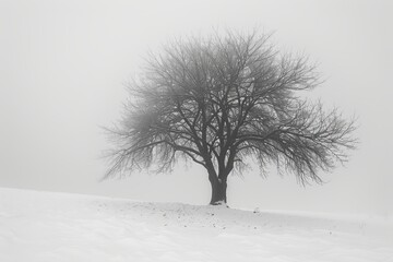 Fototapeta premium Monochromatic image of a leafless tree in a snow-covered landscape