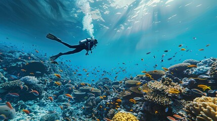 Professional divers swim and observe fish and corals in the ocean. - obrazy, fototapety, plakaty